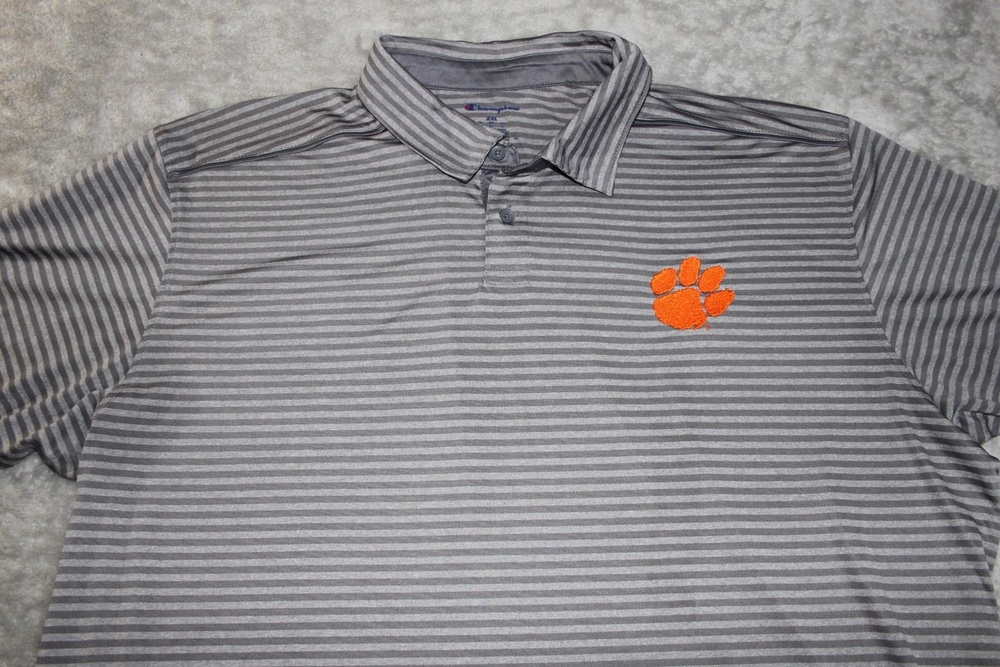 Champion Polo Shirt Mens 2XL Gray Striped 100% Polyester Golf Embroidered Paw